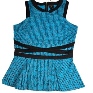 Worthington Womens Turquoise Black Geometric Peplum Top Sleeveless Blouse Medium